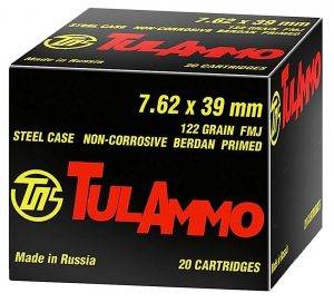 A box of TulAmmo 7.62x39mm Ammunition 122 gr. FMJ